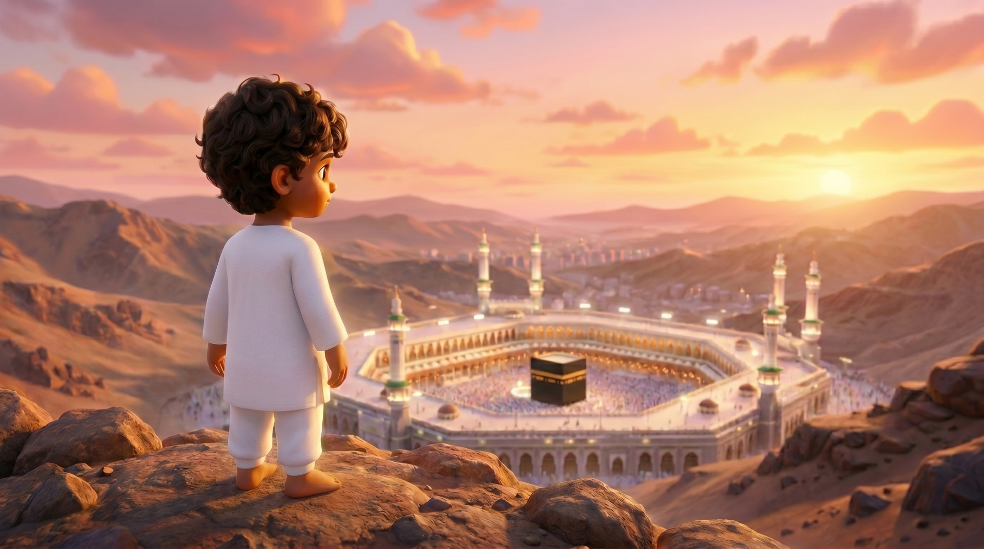 A child gazing at the Kaaba in Makkah โ WonderDeen storybook cover