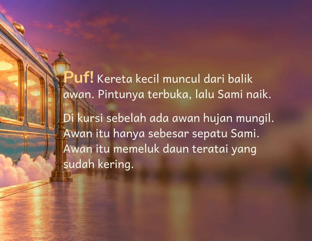 Puf! Kereta kecil muncul dari balik awan. Pintunya terbuka, wusss.